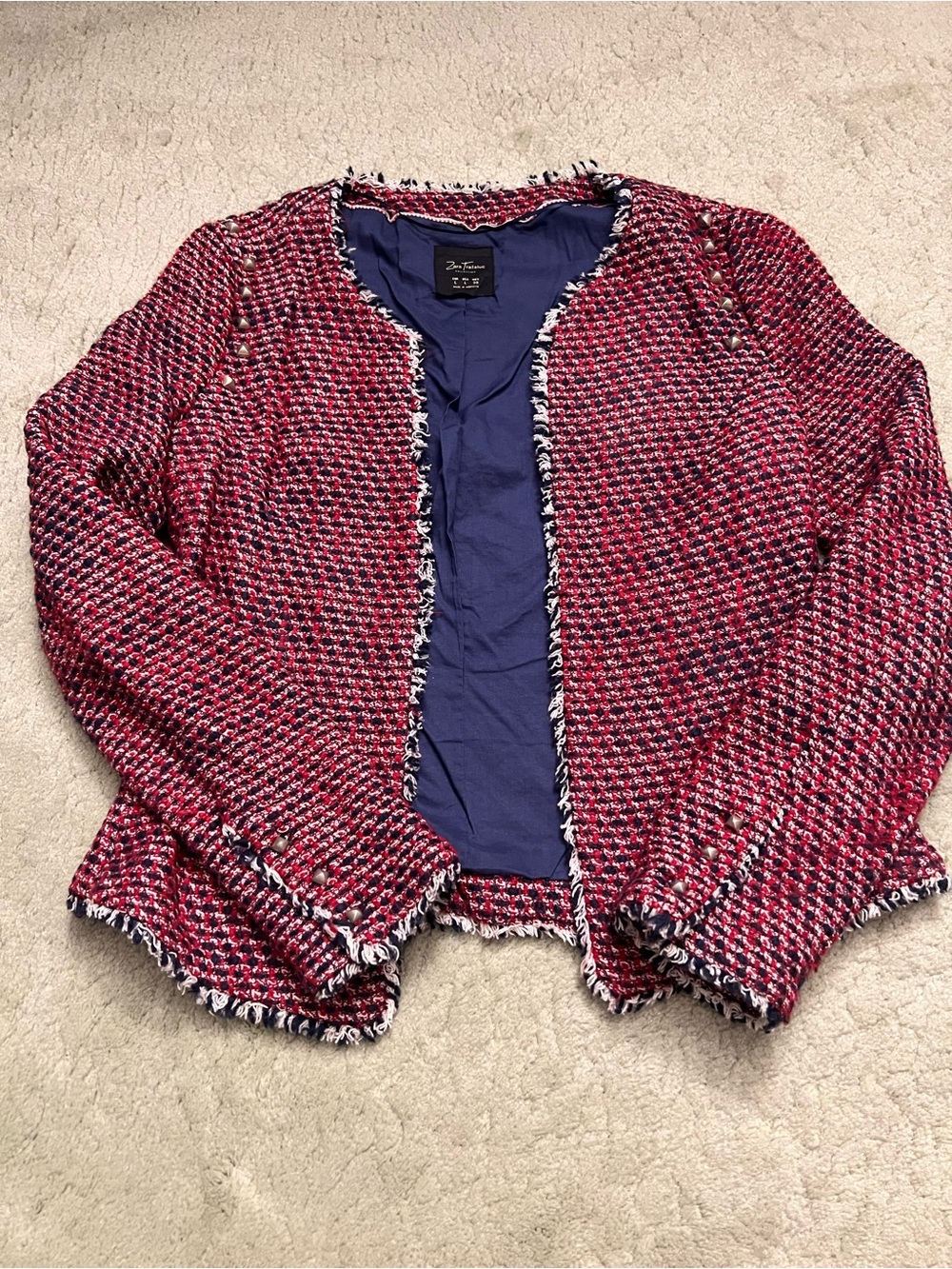 Zara Red Pink Tweed Open-Front Jacket with Navy Lining